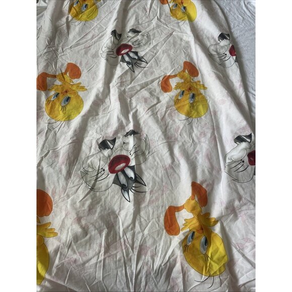 Vintage Tweety Bird & Sylvester Twin Flat Sheet Warner Bros 90s Cartoon White Pi - Picture 6 of 11